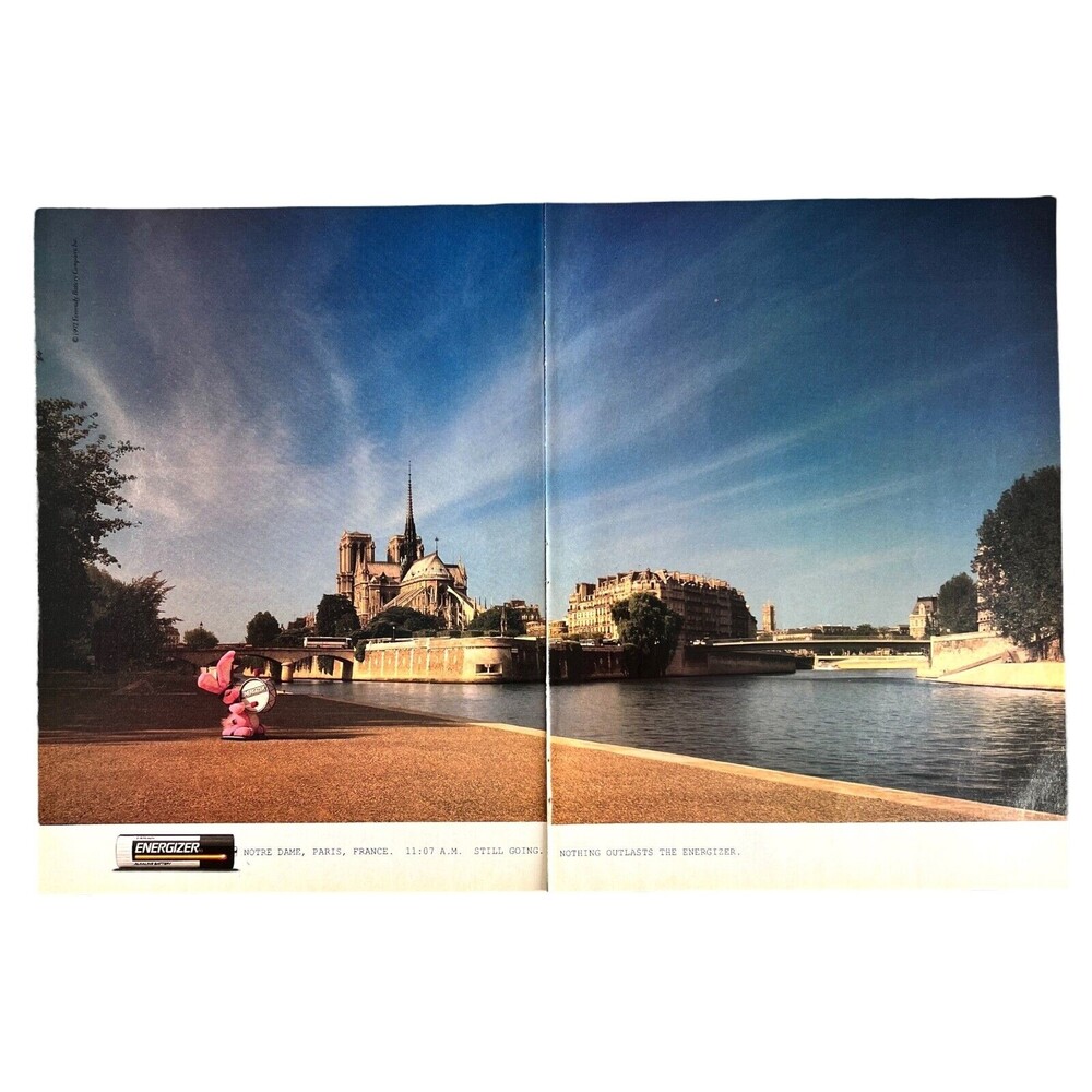 1992 2 Page ENERGIZER BUNNY BATTERY PRINT AD NOTRE DAME FRANCE Vintage
